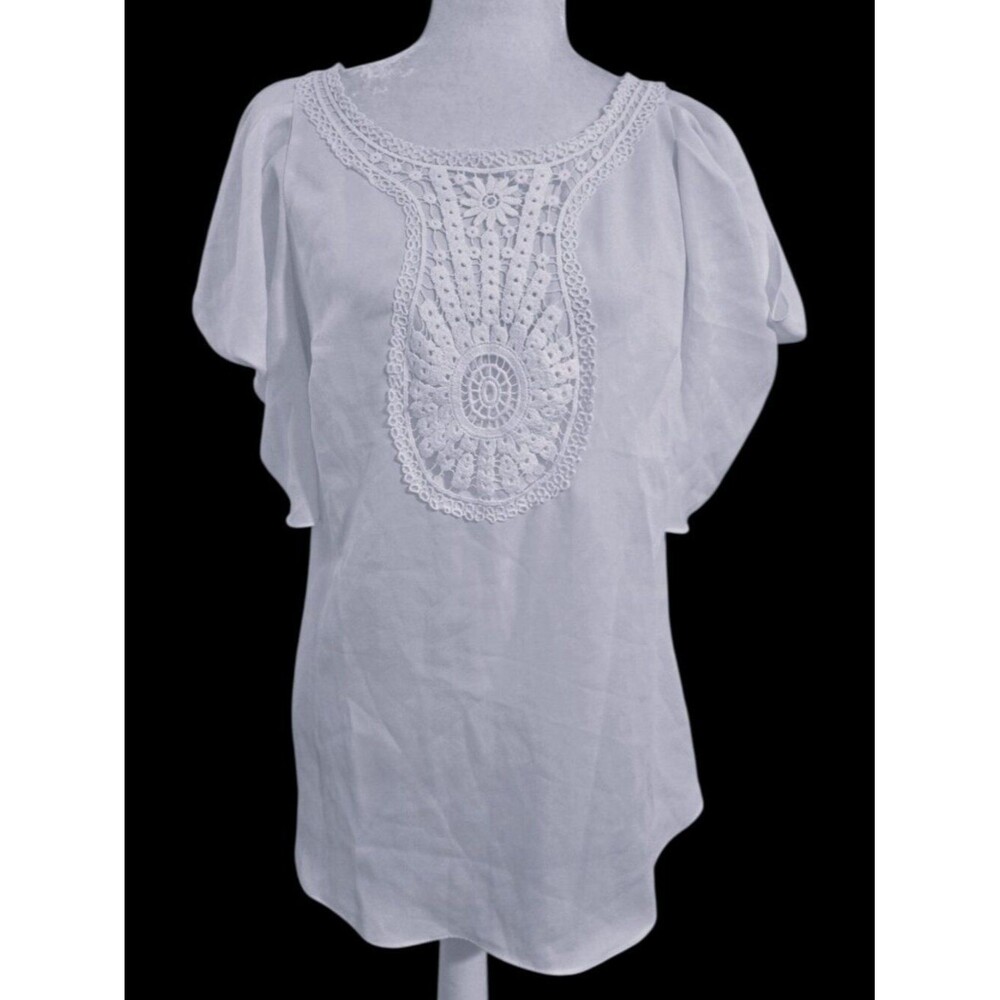 Allen B. Women's Short Sleeves Crochet Medallion White Blouse Top Small